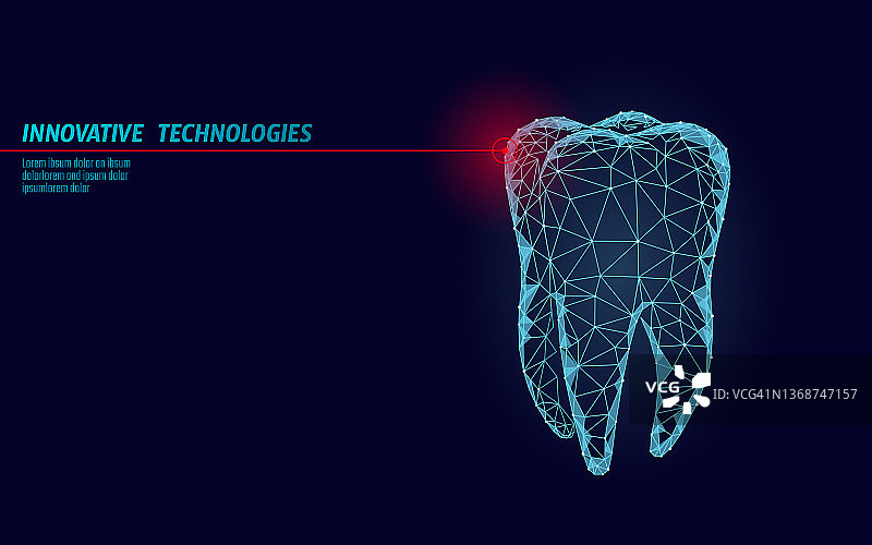 3D牙齿创新激光牙科多边形概念。口腔医学符号低多边形三角形抽象口腔牙科医疗保健业务。连接点粒子现代渲染蓝色矢量图图片素材