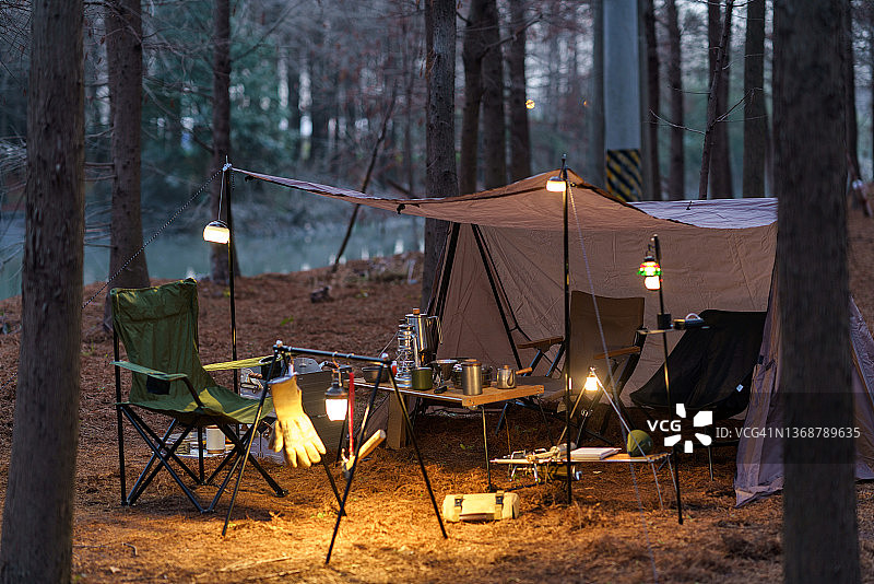 夜晚田野树木旁的帐篷图片素材