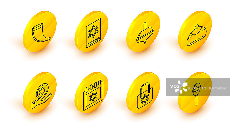 带有大卫之星的气球、购物袋、犹太日历、硬币手、甜点、光明节陀螺、犹太法典和传统羊角号图标图片素材