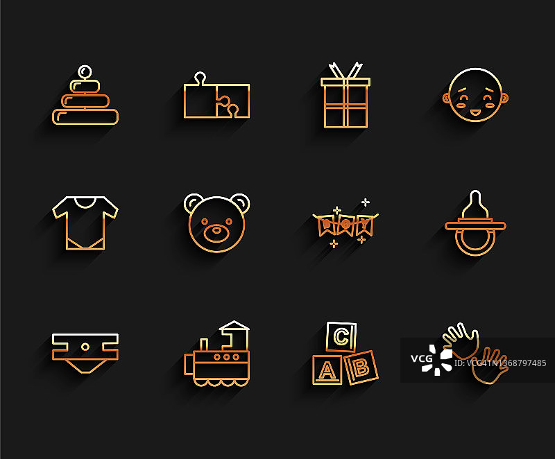 婴儿尿布、玩具火车、金字塔玩具、积木、手印、泰迪熊、奶嘴和节日彩旗图标矢量素材图片素材