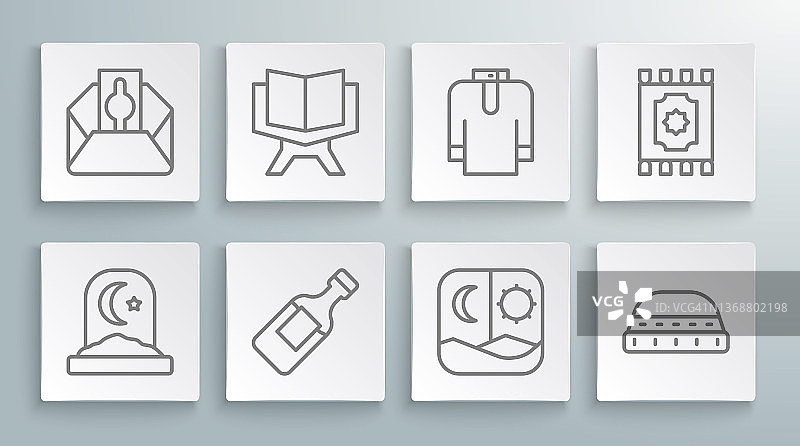 穆斯林墓地、古兰经、瓶装水、斋月禁食、祈祷帽、衬衫、传统地毯和捐赠图标线性图标集。矢量图形图片素材