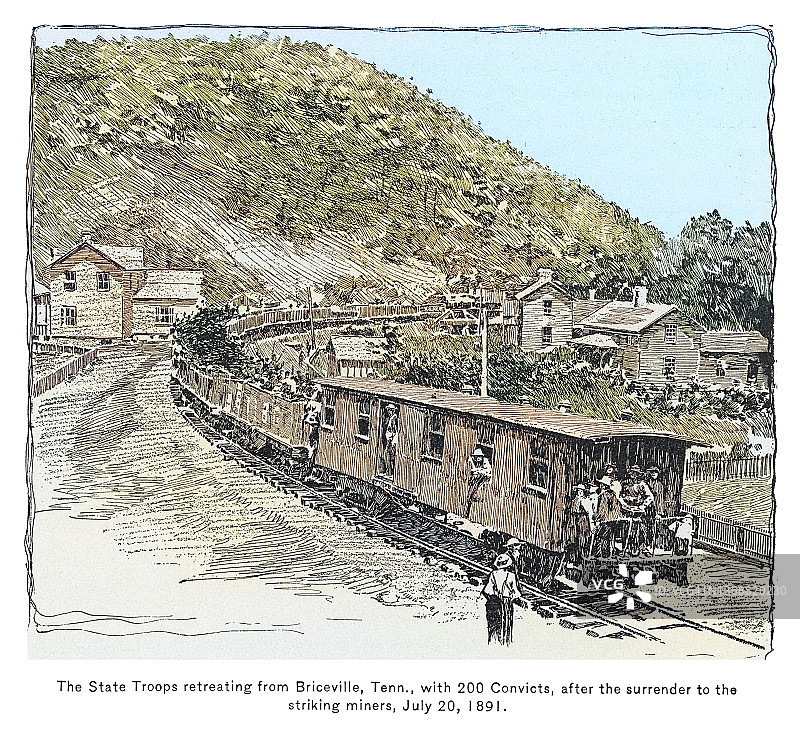 1891年煤溪战争：州部队携囚犯撤退的古老雕刻插图图片素材