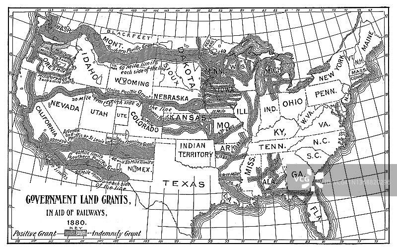 1880年铁路政府土地补助金老地图图片素材