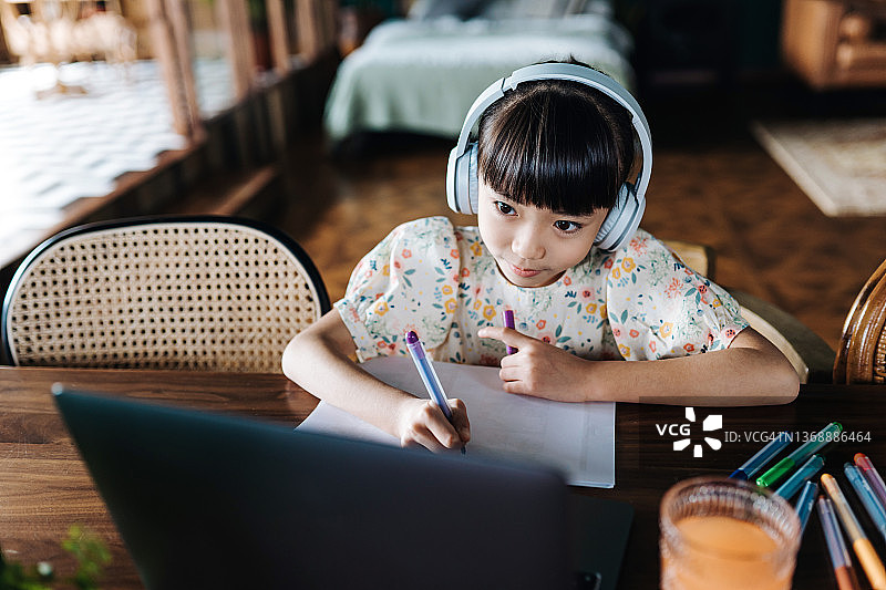 专注的亚洲女孩戴着耳机在家学习，用笔记本电脑参加在线课程并做笔记，在线教育、家庭教育概念图片素材