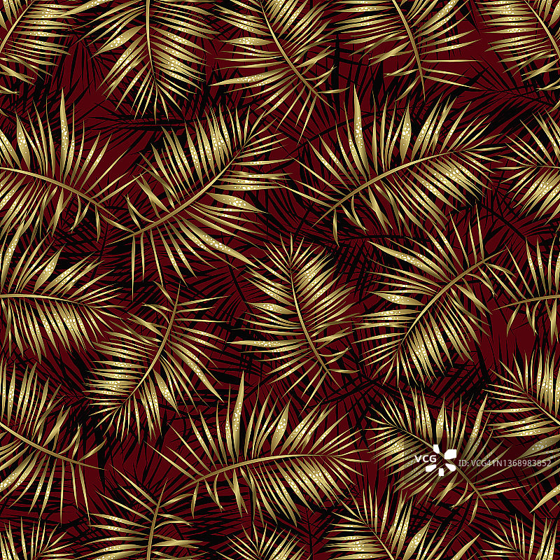 深红色背景上的金色棕榈叶无缝图案图片素材