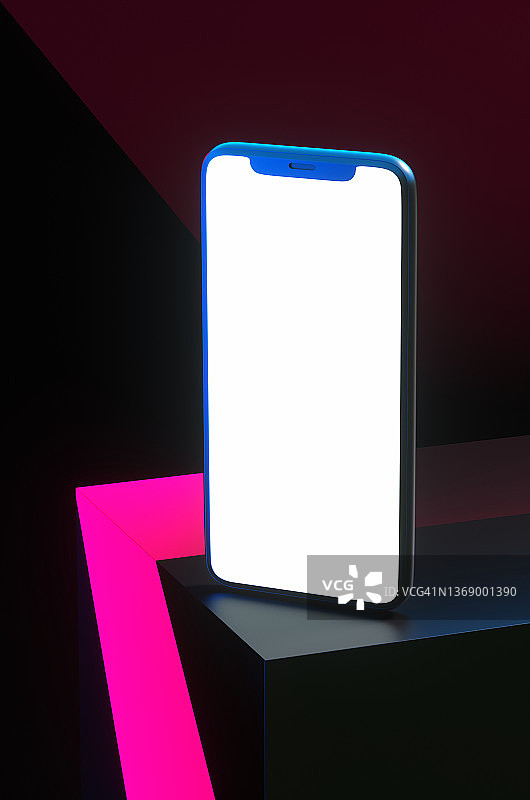 未来霓虹灯光立方体上的智能手机样机图片素材