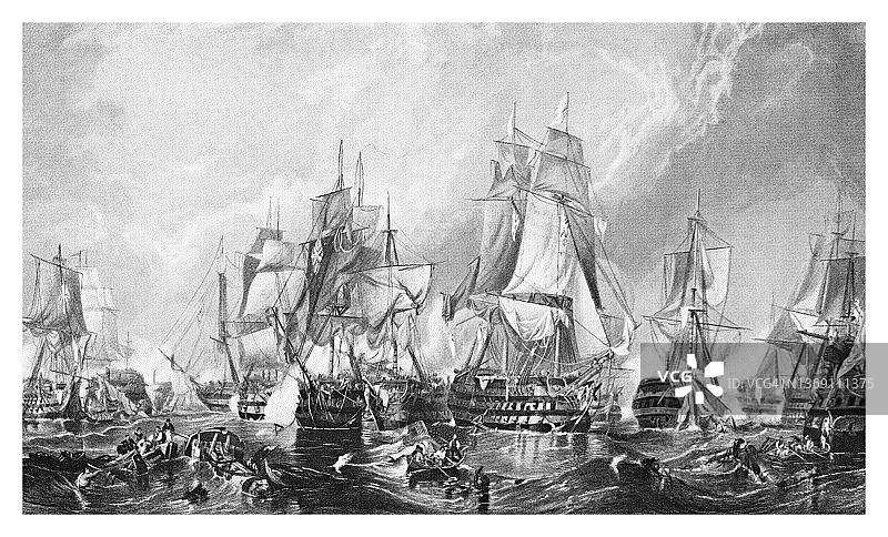老式彩石版画插图：特拉法加战役（1805年10月21日）图片素材