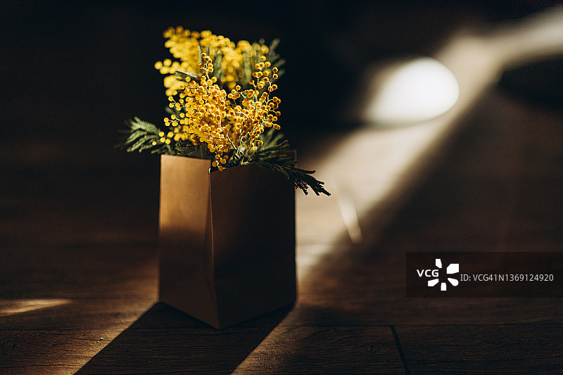 纸袋里的含羞草花束图片素材