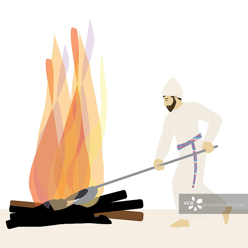 耶路撒冷圣殿时期犹太祭司绘画：清理祭坛上的灰烬。身穿祭司服装，头戴无边帽，身穿格子衬衫和腰带，用银制器皿清扫灰烬矢量图图片素材