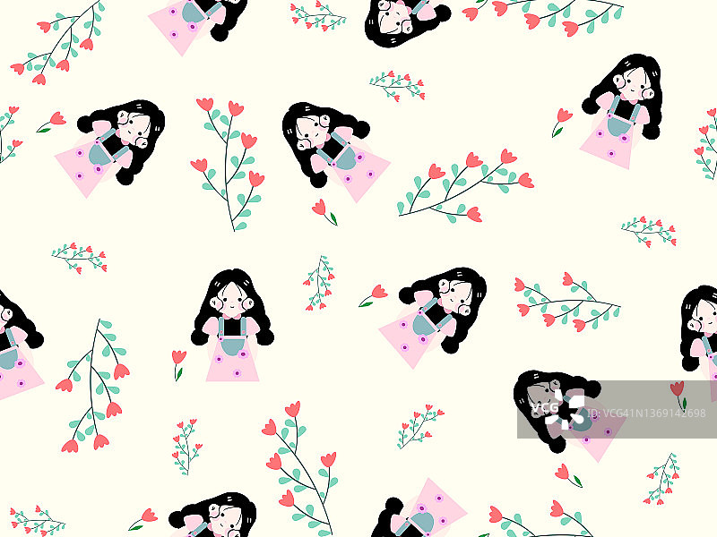 黄色背景上的女孩和卡通花朵图片素材