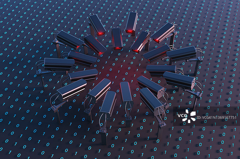 黑色背景上彼此相对的圆形监控摄像头图片素材