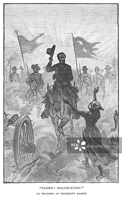 威廉·特库姆塞·谢尔曼将军进军的古老雕刻插图图片素材