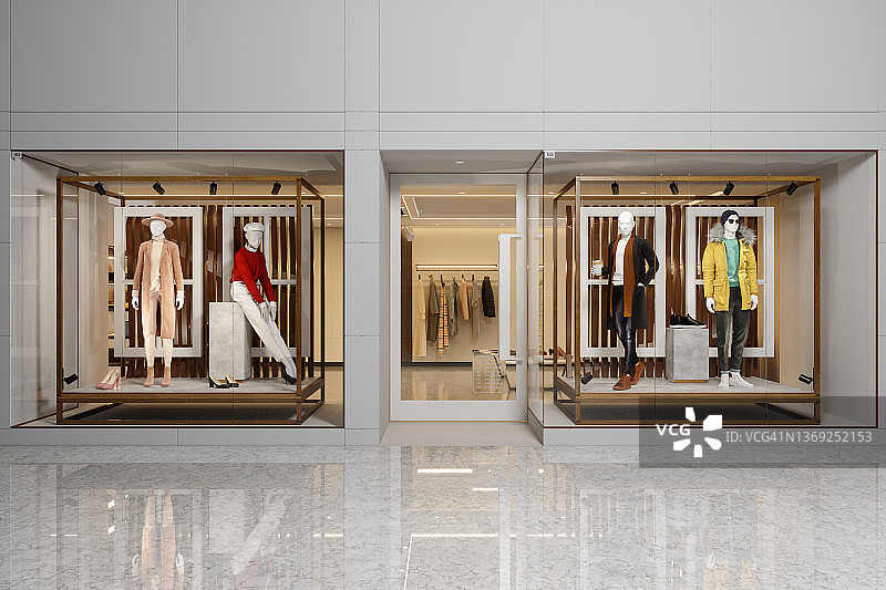 服装店外观：橱窗里展示着男女服装模特图片素材