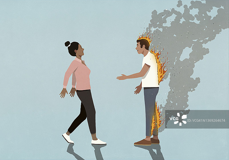 着火的男人与惊讶的女人握手图片素材