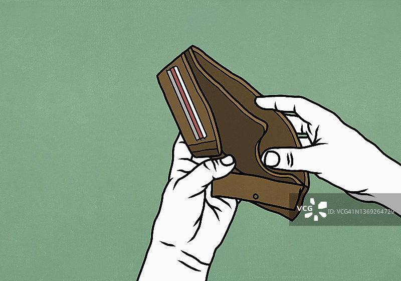 绿色背景下打开空钱包的视角图片素材