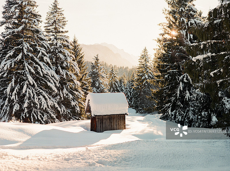 冬季仙境森林中积雪覆盖的乡村小屋图片素材