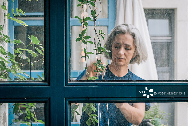 透过窗户看女人在阳台上照料植物图片素材