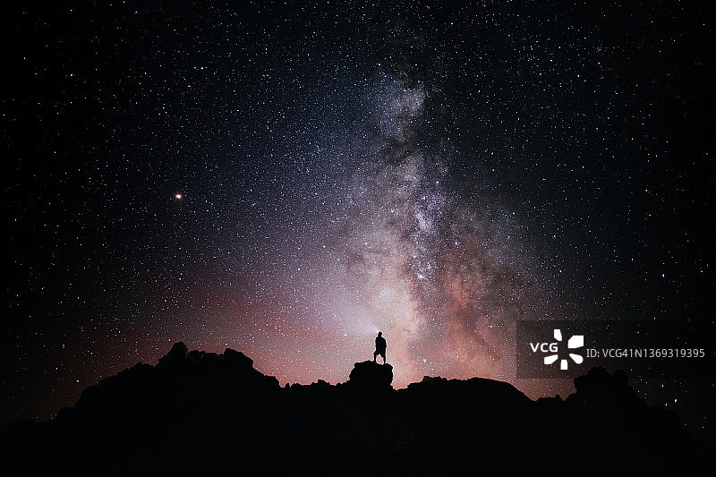 剪影：仰望星空和银河的人图片素材