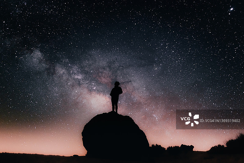剪影：仰望星空和银河的人图片素材