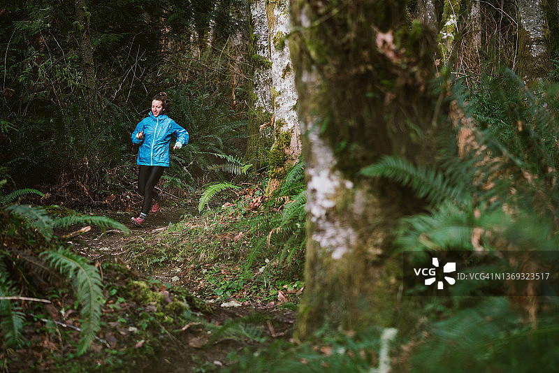 女越野跑者在蕨类植物环绕的森林岩石小径上奔跑图片素材