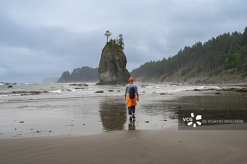 女子在退潮时行走于奥林匹克海岸图片素材