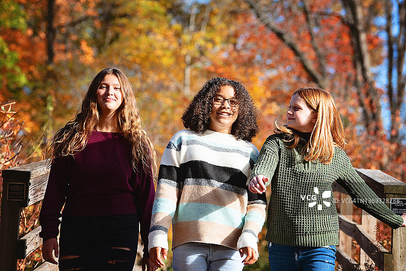 秋色中户外同行的三个漂亮的少女图片素材