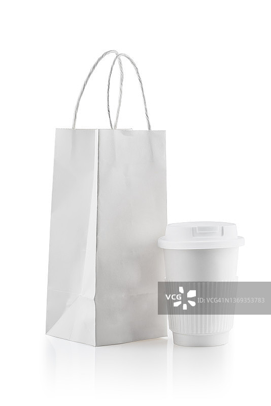 带有咖啡杯的再生牛皮纸购物袋图片素材