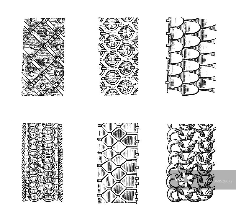 锁子甲的纺织结构古老雕刻插图图片素材