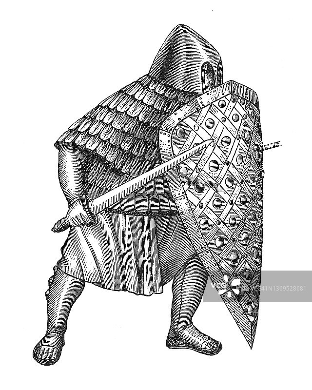 8世纪法兰克士兵古老雕刻插图图片素材
