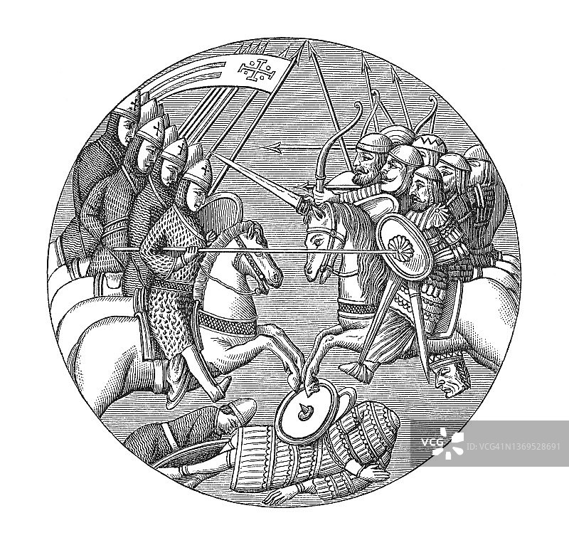 阿斯卡隆战役古版画，1099年 - （圣但尼大教堂的彩色玻璃）图片素材