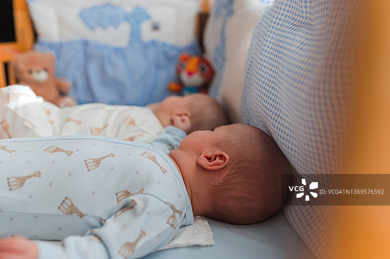 在婴儿床中休息的双胞胎婴儿图片素材