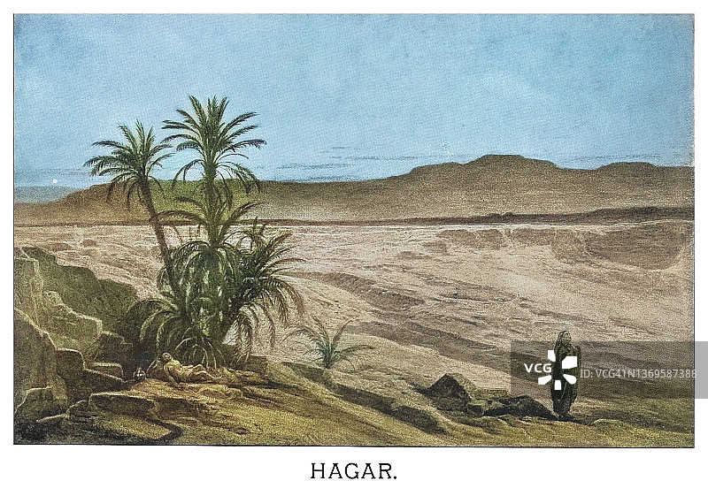 《夏甲与以实玛利》古老雕刻插图图片素材