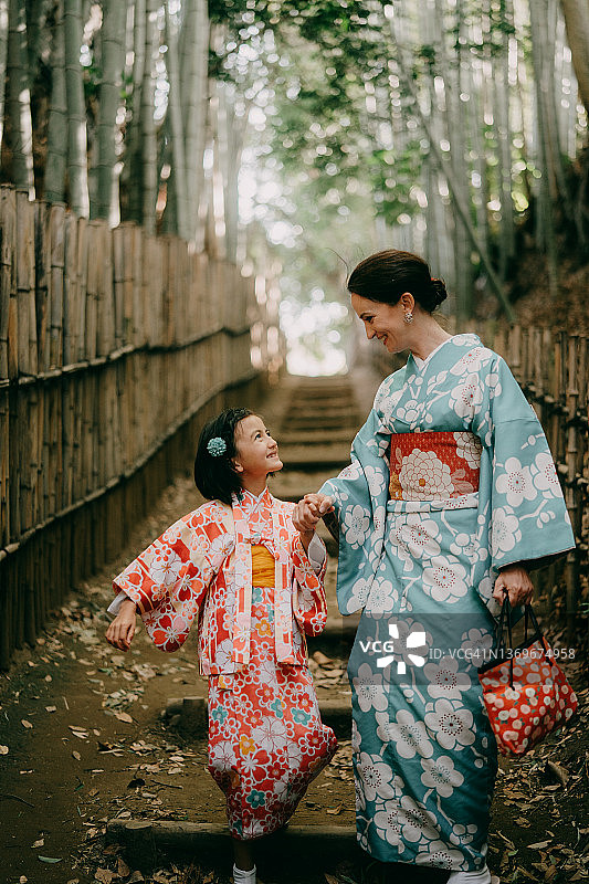 身穿和服的母子，在日本竹林中图片素材
