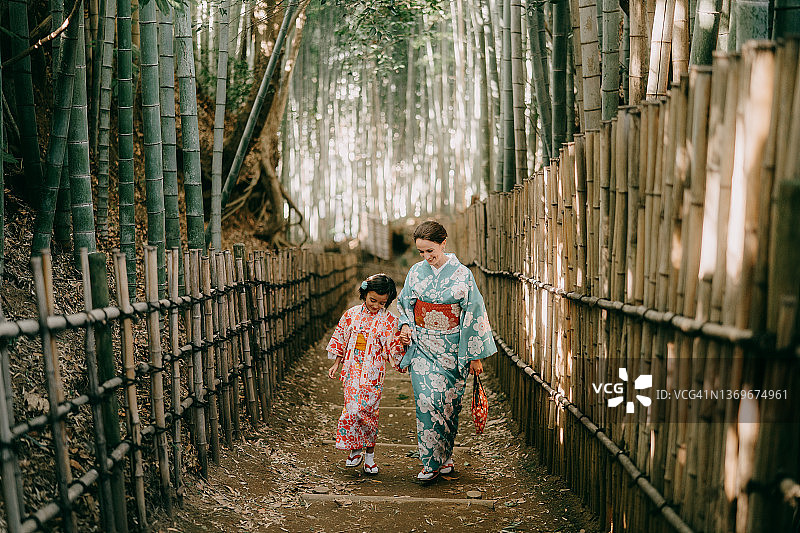 身穿和服的母子，在日本竹林中图片素材
