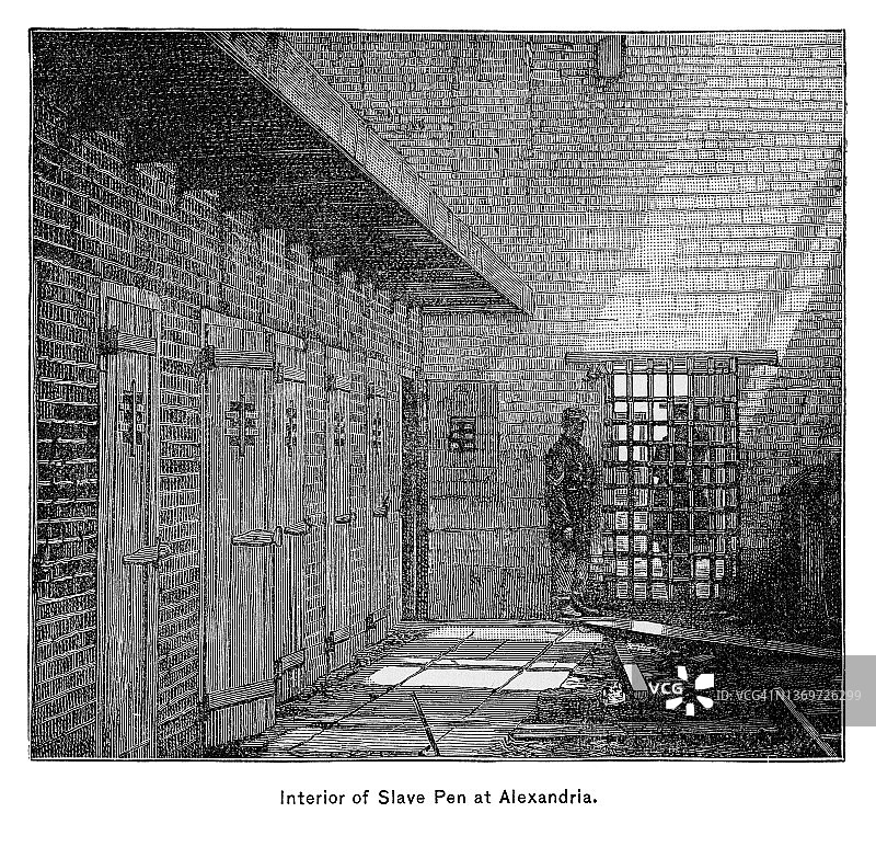 弗吉尼亚州亚历山大奴隶监狱内部古老雕刻插图图片素材