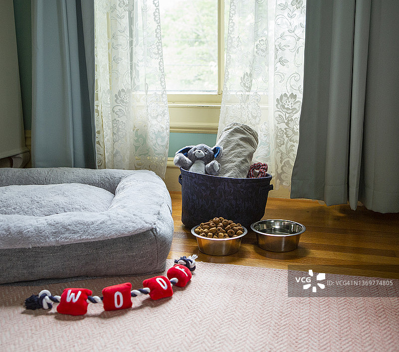 维多利亚酒店宠物狗的床、玩具、食物和水图片素材