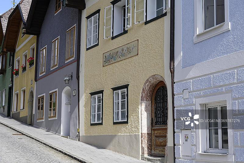 奥地利上奥地利州格蒙登的教区长巷老城街图片素材