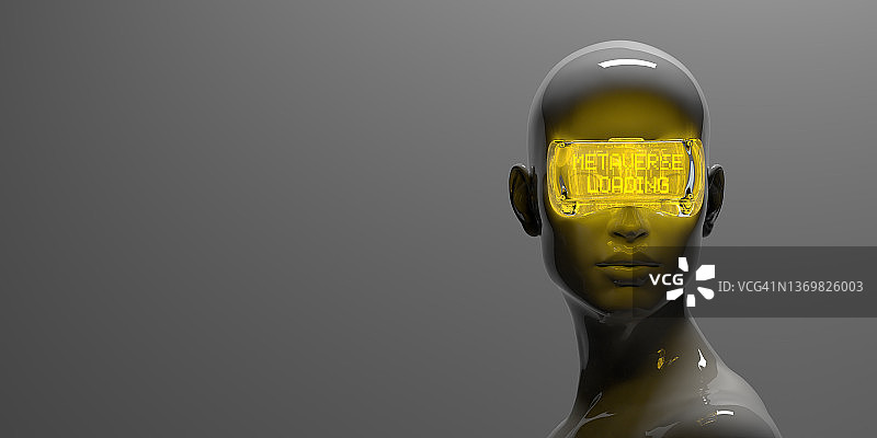 灰色背景上佩戴Metaverse加载文字护目镜的明亮女性头像图片素材