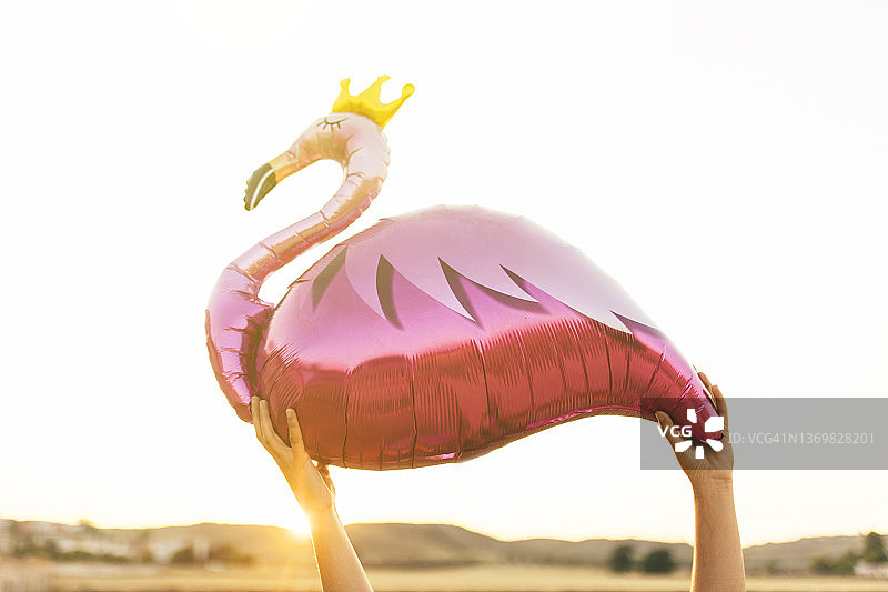 女人在日落时手持火烈鸟气球图片素材