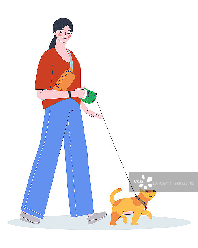 宠物主人遛小狗扁平矢量图图片素材