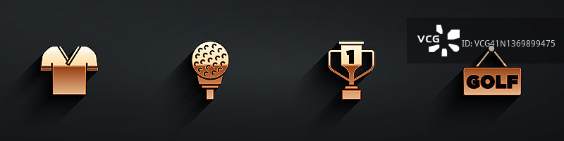 高尔夫球衫发球台上的球奖杯长阴影图标图片素材
