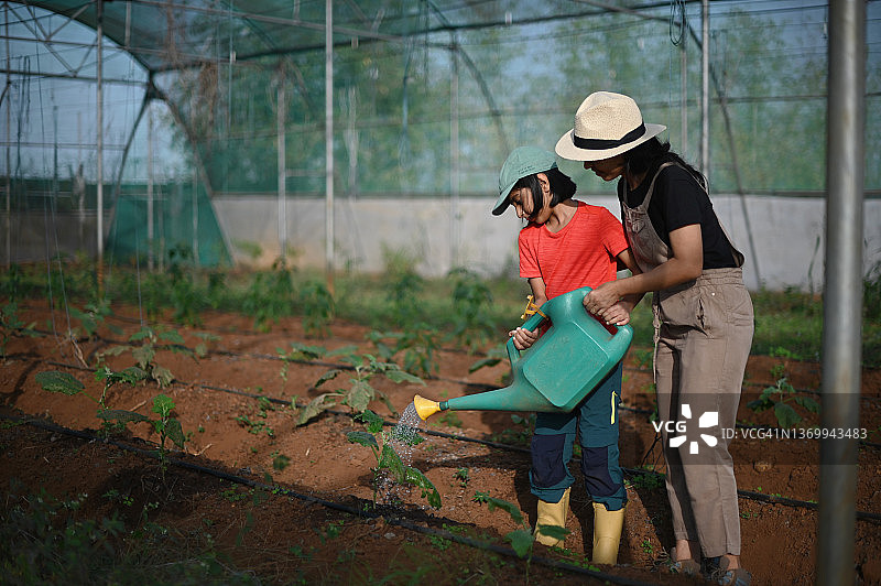 母女在农场里浇水图片素材