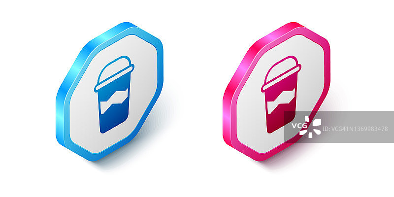 2.5D外带咖啡杯图标，白色背景，六边形按钮矢量图图片素材