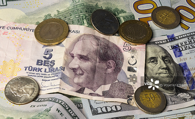 土耳其里拉和美元纸币及硬币图片素材
