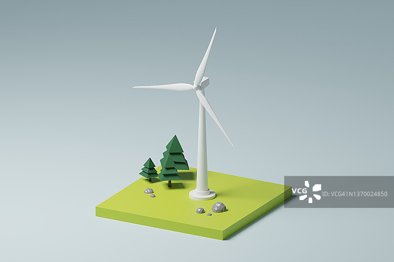 蓝色背景上的3D风力涡轮机图片素材