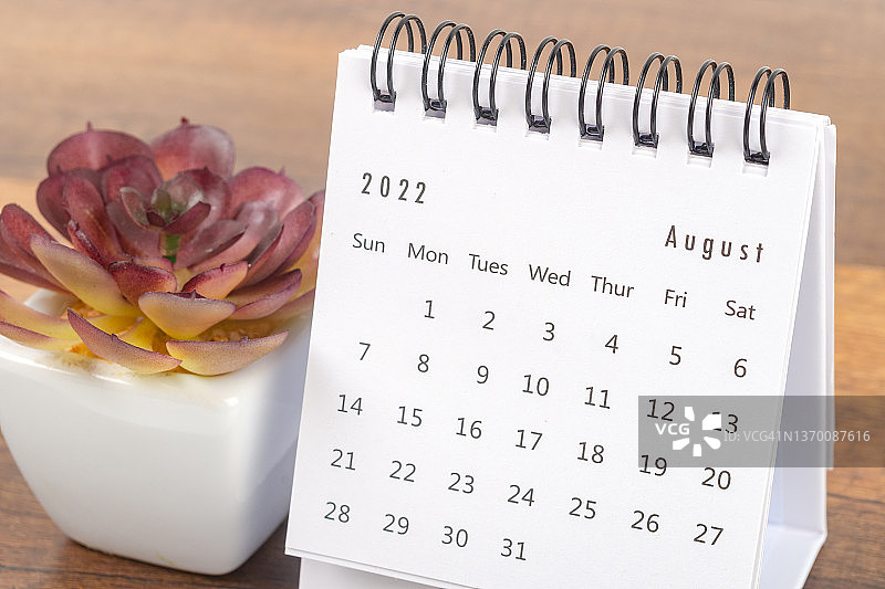 2022年8月桌面日历，用于组织者计划、提醒和木桌背景上的室内植物图片素材