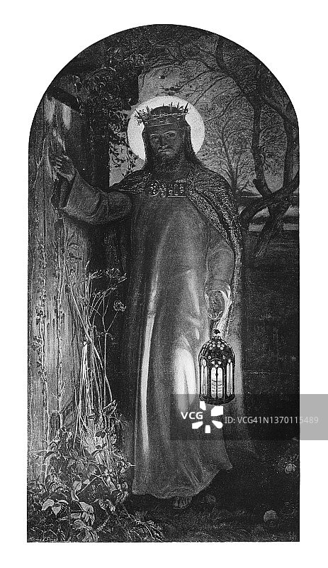 耶稣准备敲响一扇长满杂草、久未开启的门的古老雕刻插图图片素材