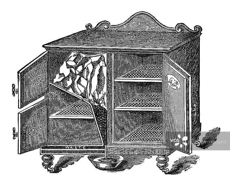 家用冰和食物储藏的冰柜古老版画图片素材