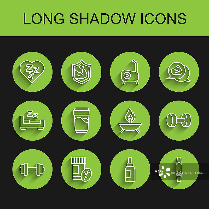 哑铃、维生素药丸、困倦、精油瓶、智能手表、玻璃杯水和香薰蜡烛图标矢量素材图片素材