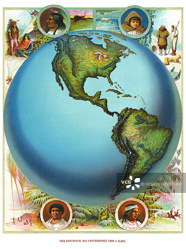 南北美洲地图老式彩色石印插图图片素材